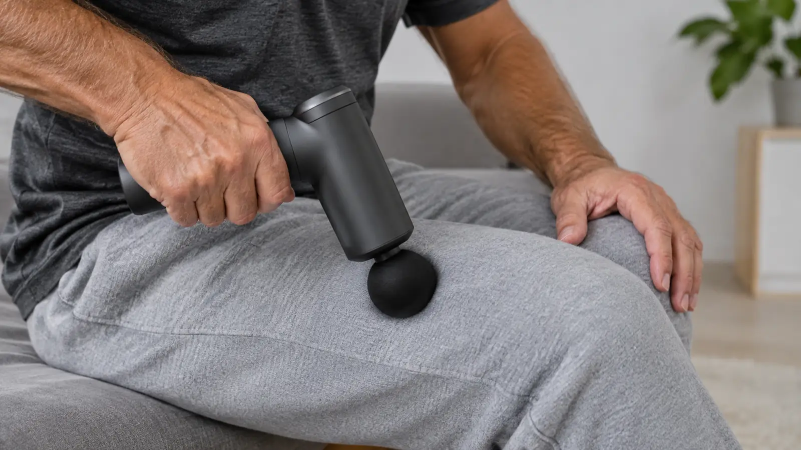 A hand holding a massage gun against the back of a thigh over sweatpants, with the device's rounded head visible