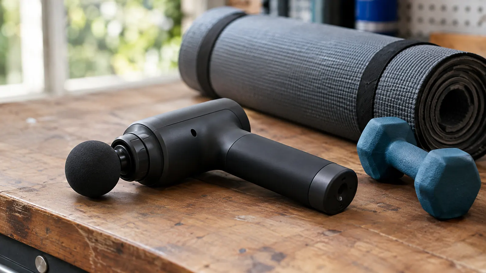 A massage gun resting on a wooden garage workbench next to a rolled yoga mat and a small dumbbell