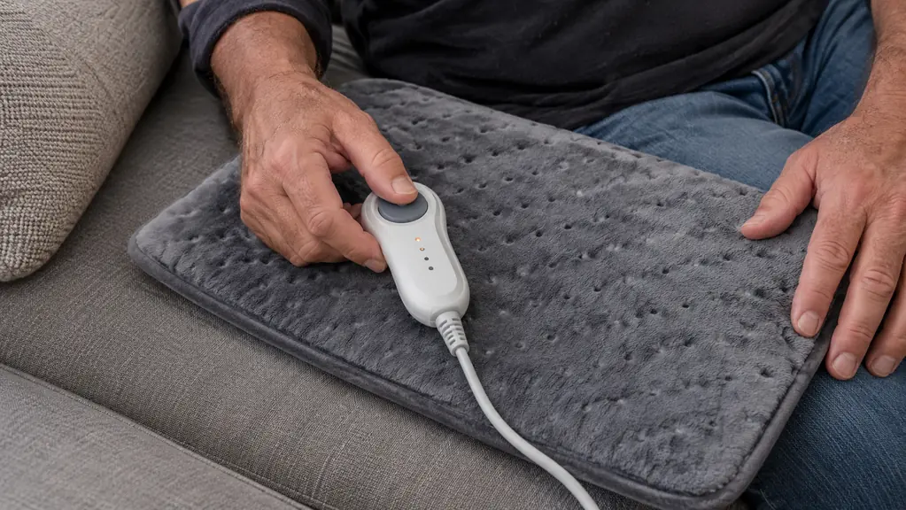 A hand pressing the controller of a heating pad lying on a couch cushion, the pad's fabric visible but no color emphasized