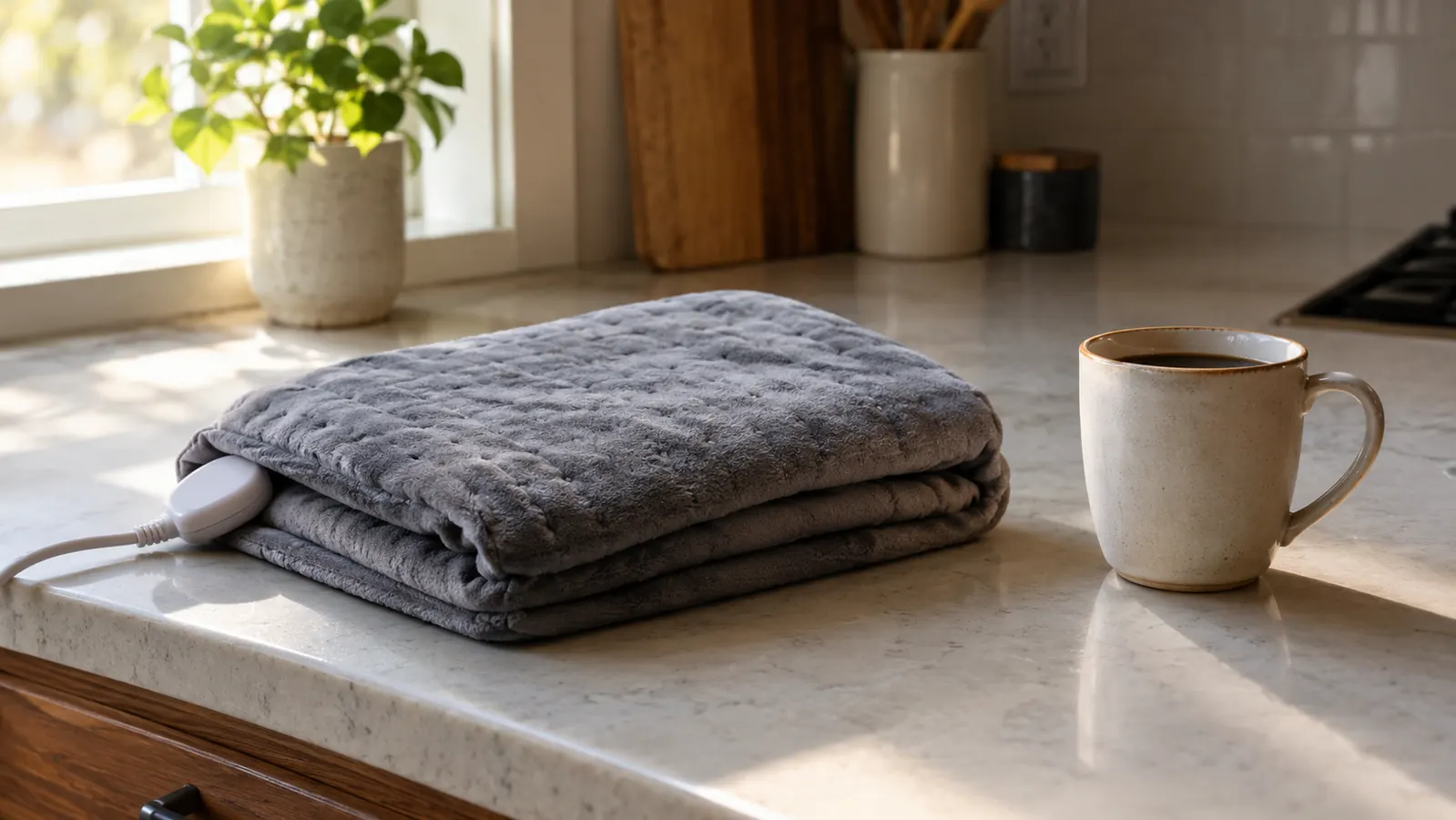 A heating pad folded on a kitchen counter next to a coffee mug, ready to be stored away