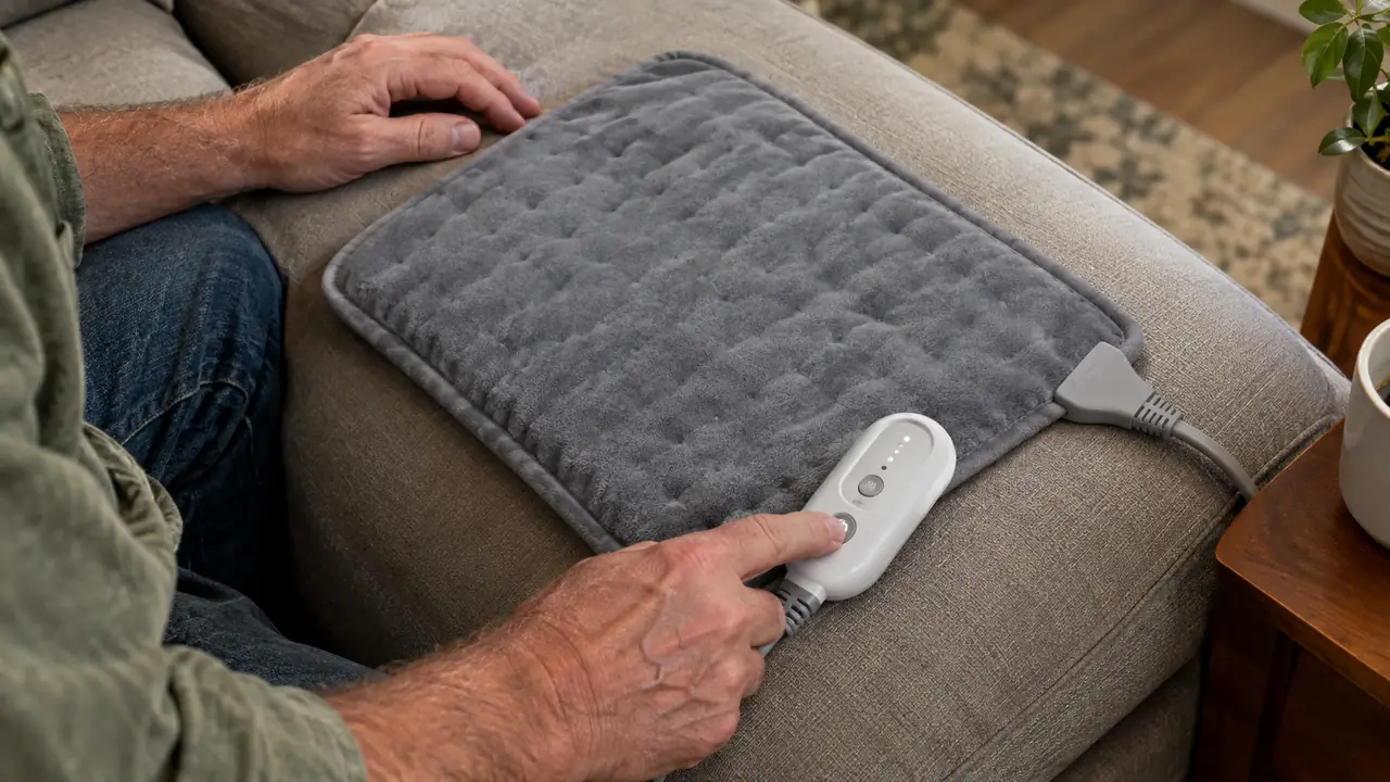 A hand pressing buttons on a heating pad controller with a digital display, the pad lying on a couch cushion