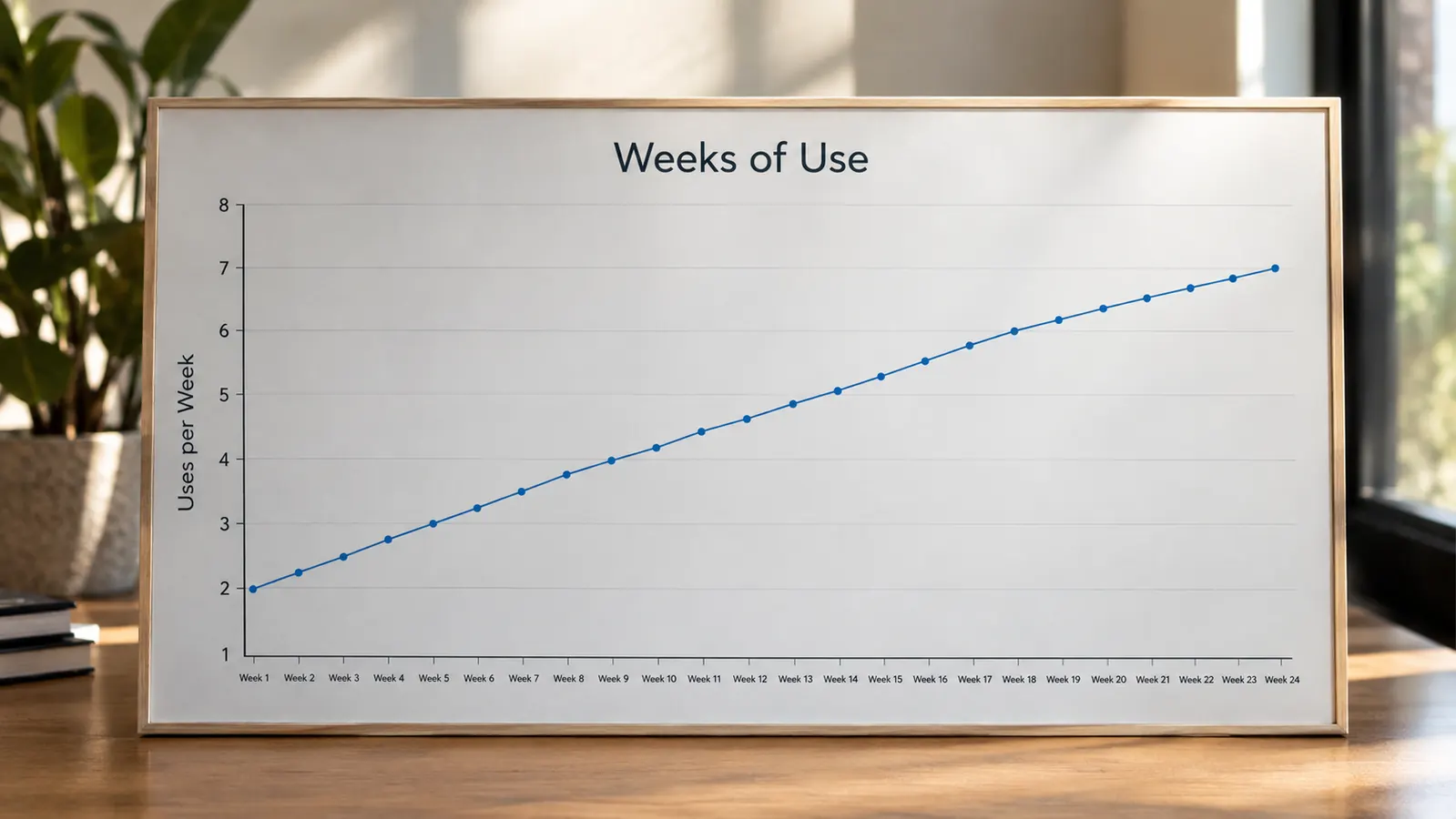 A simple line chart showing how often the heating pad was used each week over six months, starting low and rising to daily use