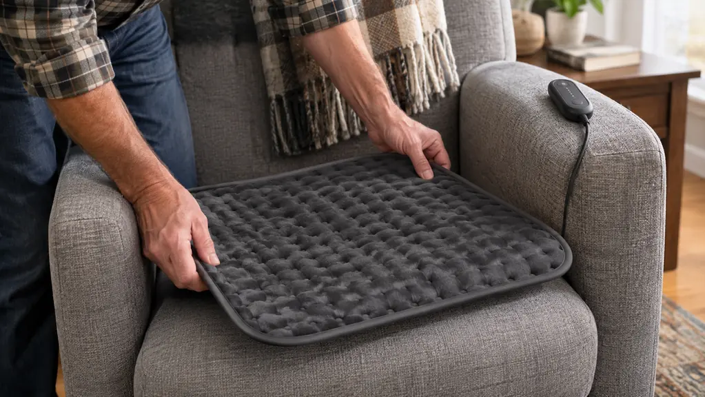 A hand placing a heating pad on a chair seat, the pad's controller visible on the armrest